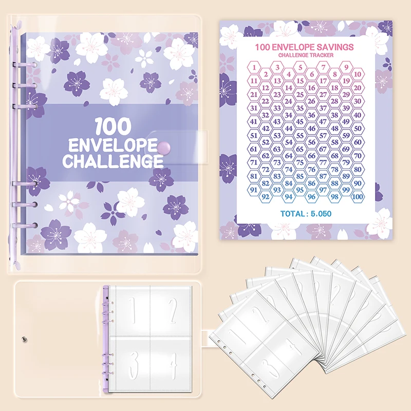 1Set 100 Day 100 Envelope Challenge Marble Pattern Loose-leaf Savings Notebook Saving Money Binder Cash Budget Storage Book Gift