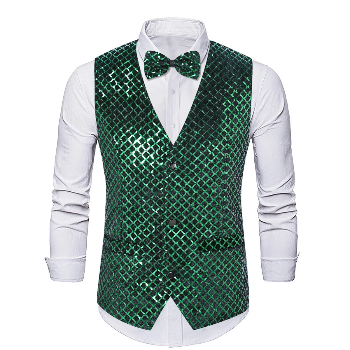 #4809 Spring Men's Vest V-neck With Bow Plaid Sequins Men's Suit Vest Single Breasted Sleeveless Waistcoat Loose Vest Male Dance