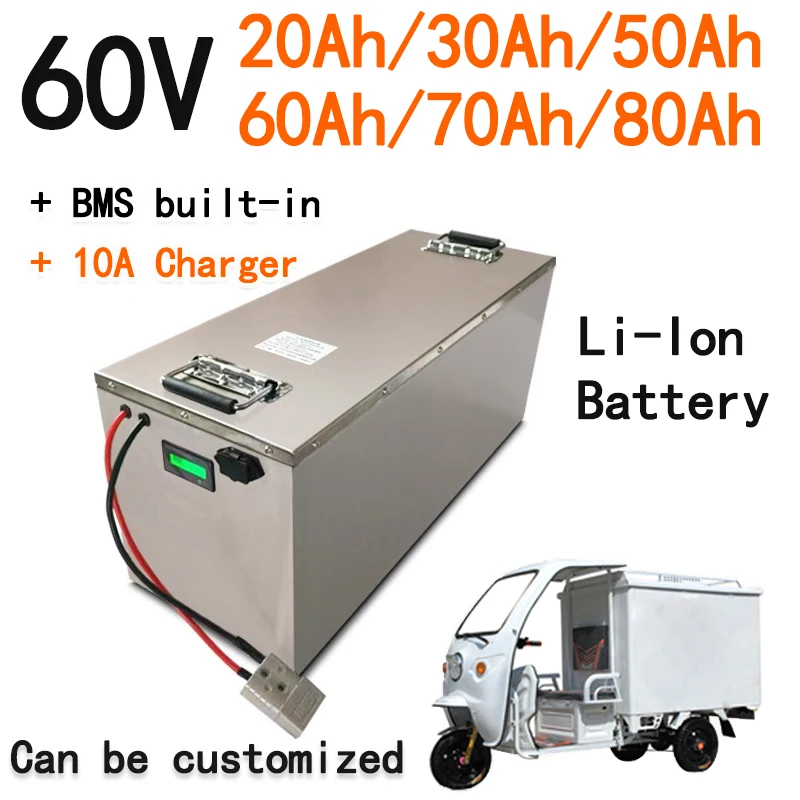 Batterie 60V 20Ah 30Ah 50Ah 60Ah 70Ah 80Ah lithium-ion battery pack and charger suitable for 1kw 2kw 3kw 4kw 5kw electric v