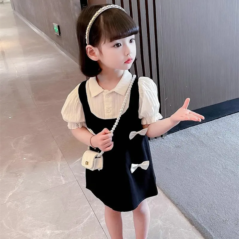 Girls' Dress Fake Two-Piece Bowknot Dress Princess Dress25Summer New Fashion Foreign Trade Children's Clothing Wholesale Dropshi