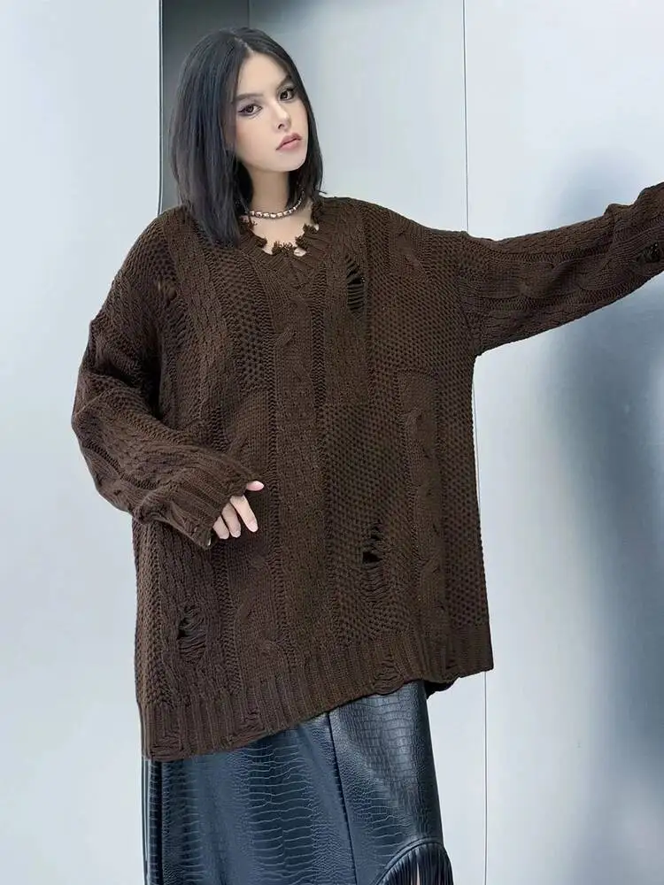 

Coffee Holes Big Size Knitting Sweater V-Neck Long Sleeve Women Pullovers New Fashion Tide Spring Autumn