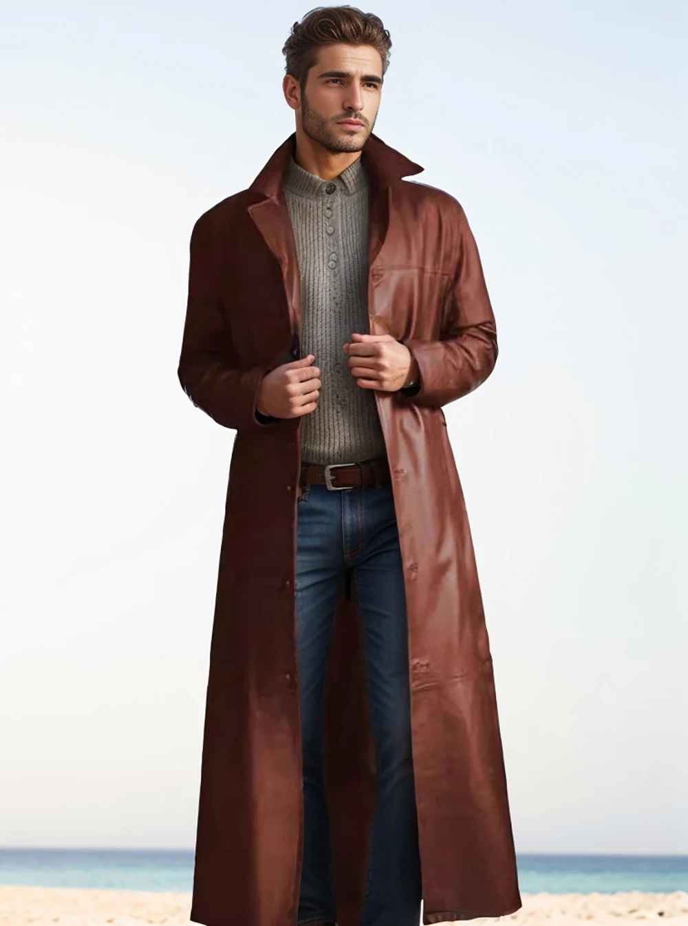 Autumn new men\'s fashionable solid color leather jacket extended men\'s leather jacket