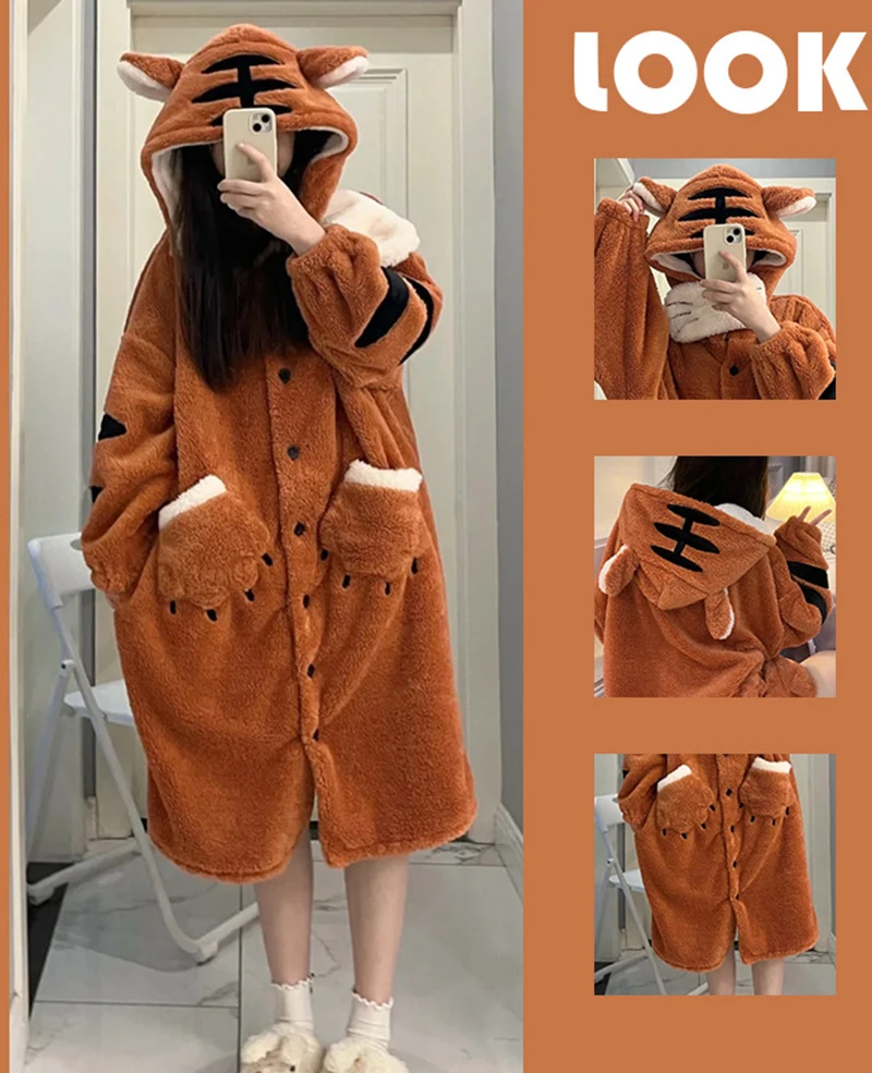 Kawaii Tiger Tier Nachthemd Frauen Winter warme Bademantel Nachtwäsche Anime Cosplay Pyjamas niedlichen Cartoon Homewear langes Nachthemd – Detail 2