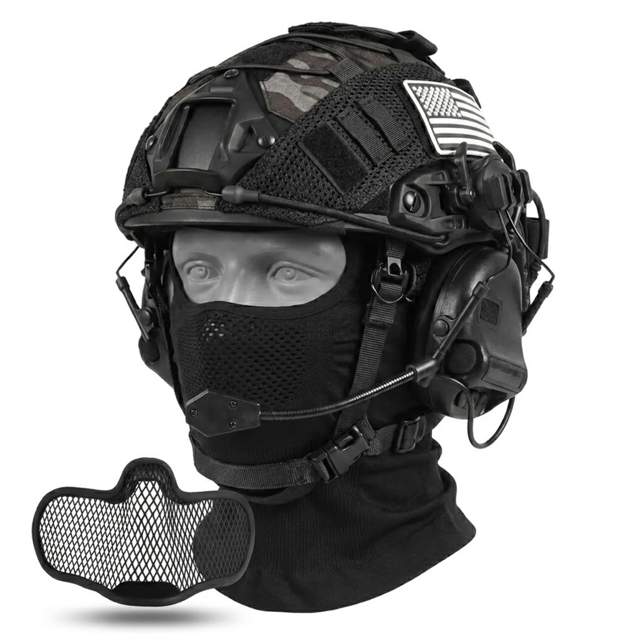 Tactical Helmet Set Airsoft Military Helmet with Steel Mesh Mask & Communication Headset Gear for Paintball Shooting