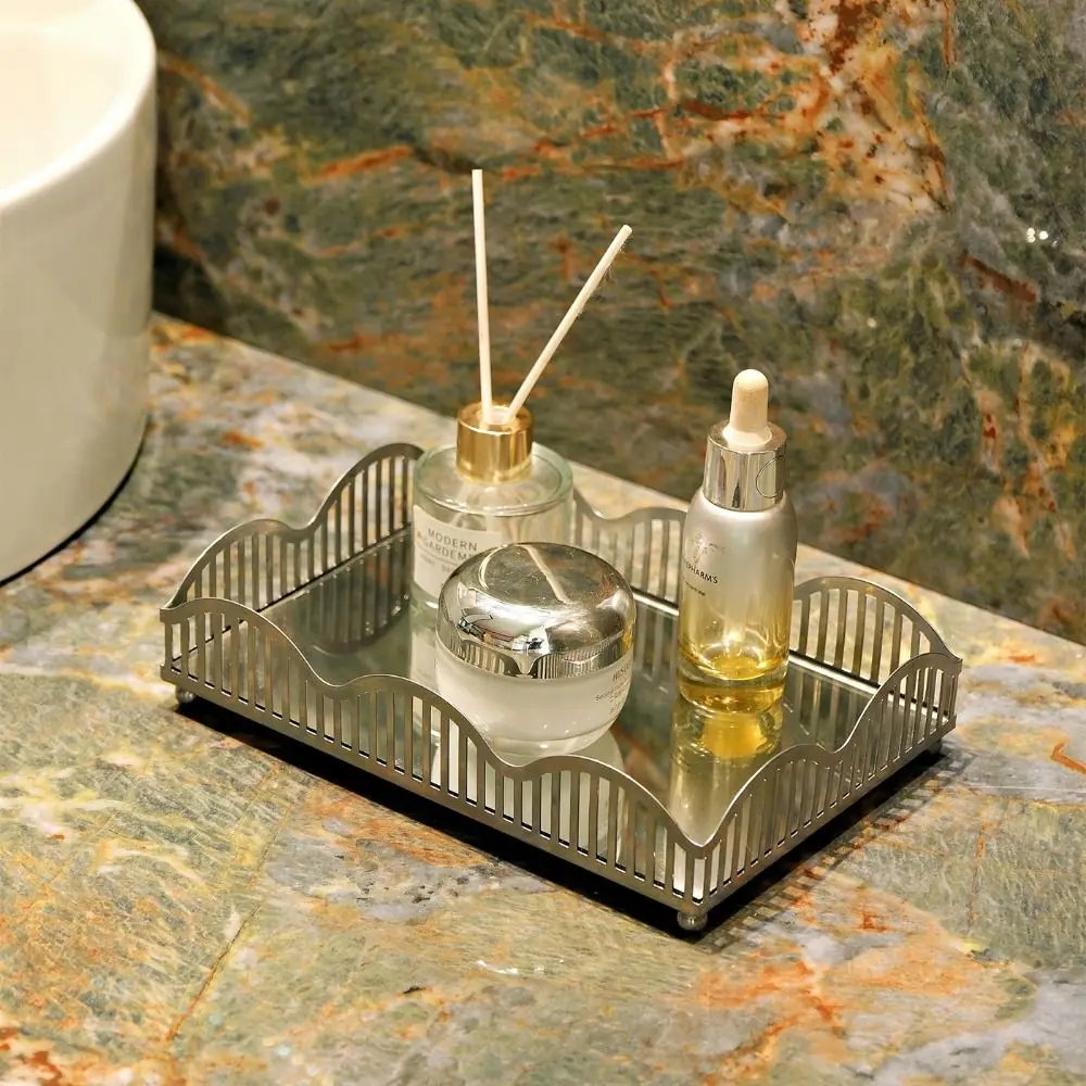 

Elegant Jewelry Display Plate Exquisite Rectangular Metal Storage Tray with Glass Mirror Hollowed-out Light Luxury