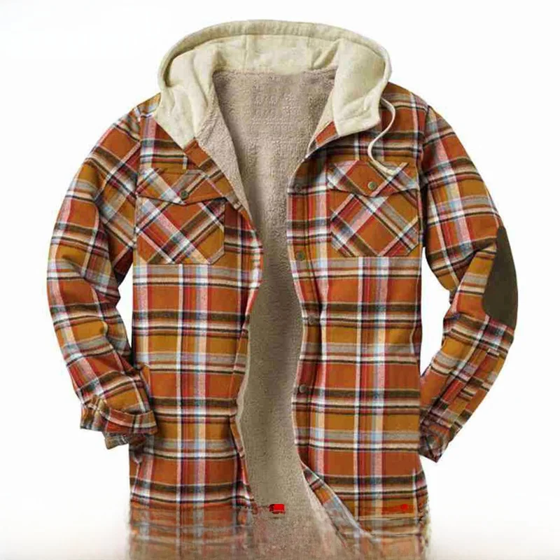 

Men's Thiened Autumn Winter Plaid Print Hooded Long Sve irt Jaet Casual Loose Fit Cotton Coat Youth Faion