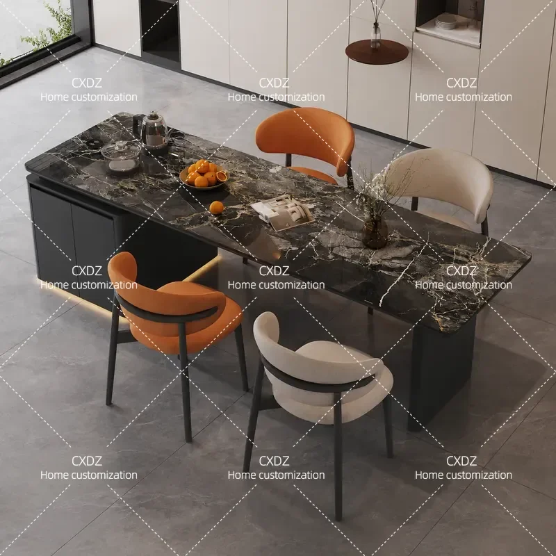 Modern Minimalist Solid Wood Dining Table with Flush Rock Slab Top Multi Functional Kitchen Storage and Warming Feature for
