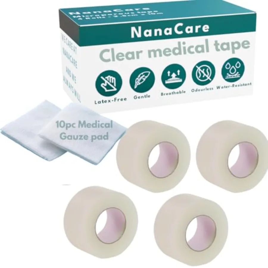 Clear Medical Tape Waterproof, 4 Rolls - 1 inch x 10 yds + 10 pc Gauze Pads - Hypoallergenic Surgical Tape for Wound Care, Dres
