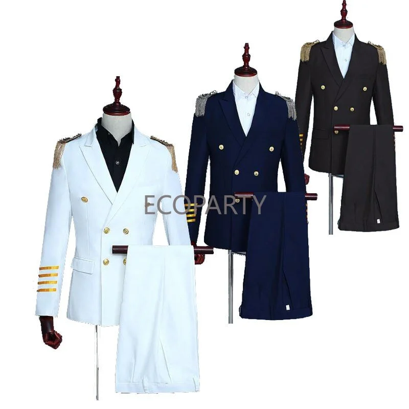 

Ecoparty Captain Officer Sailor Peacoat Costume Mens Blazer Suit Military Fringe Marching Band Jacket Uniform for Adult Coat+Pa