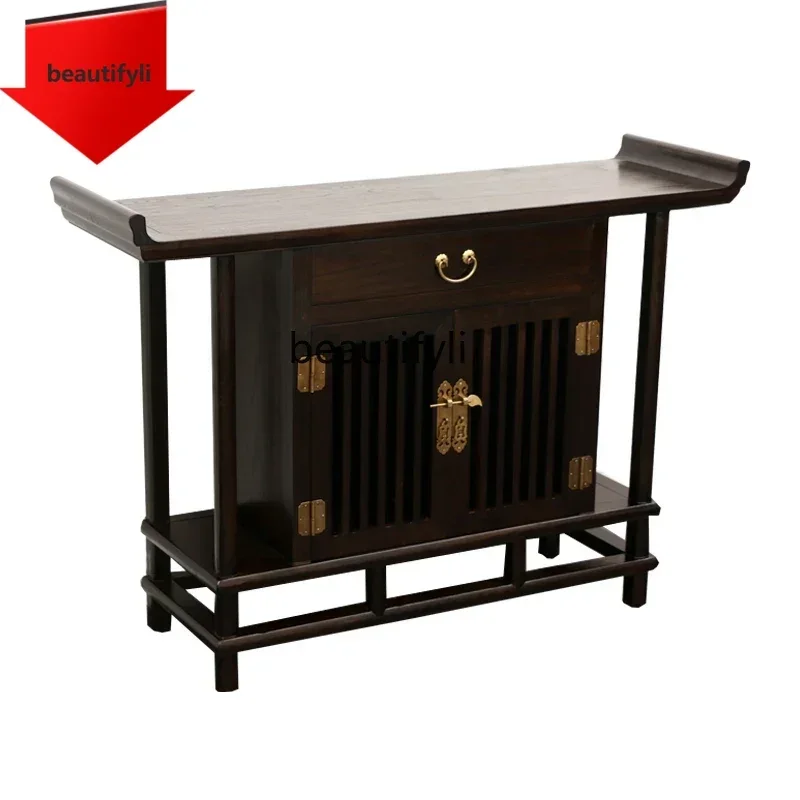 

K185 Modern New Chinese Old Elm Entrance Cabinet Black Walnut Color Foyer Hallway Solid Wood Warped Head a Long Narrow Table Alt