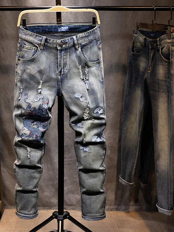 

Мужские джинсы Slim Fit с вышивкой и прорезями, эластичные, со средней посадкой, из хлопкового денима, весна-осень, модные брендовые длинные брюки