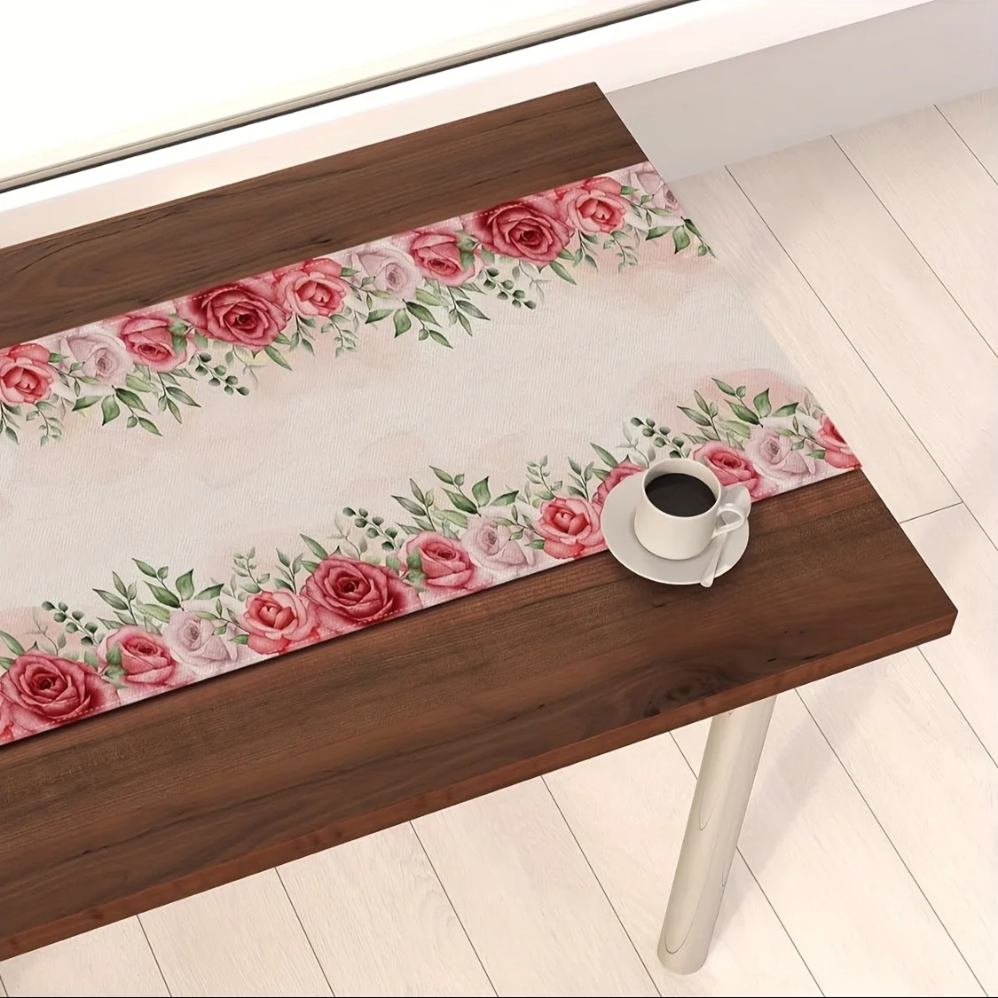 1 pc Linen red rose table runner with watercolor floral pattern for Mother's Day, spring wedding party and restaurant decoration