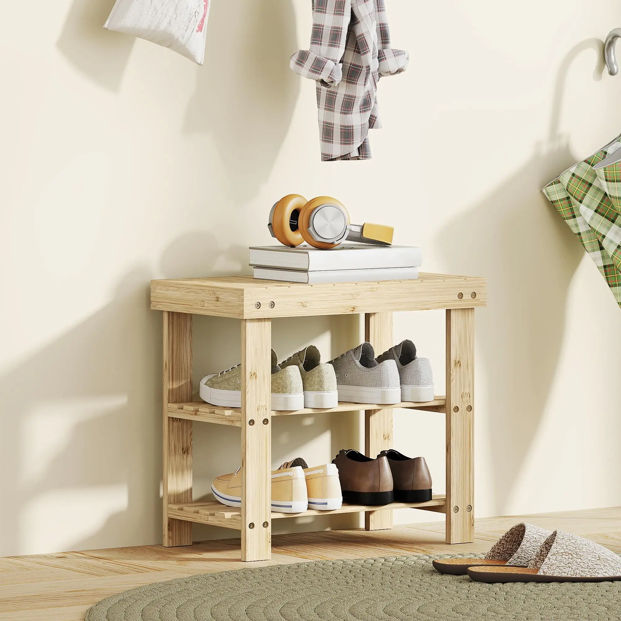Banc à chaussures en bambou avec 2 étagères pour 4 paires de chaussures, 130kg, armoire de couloir naturelle, 50x28x45cm, avec assise