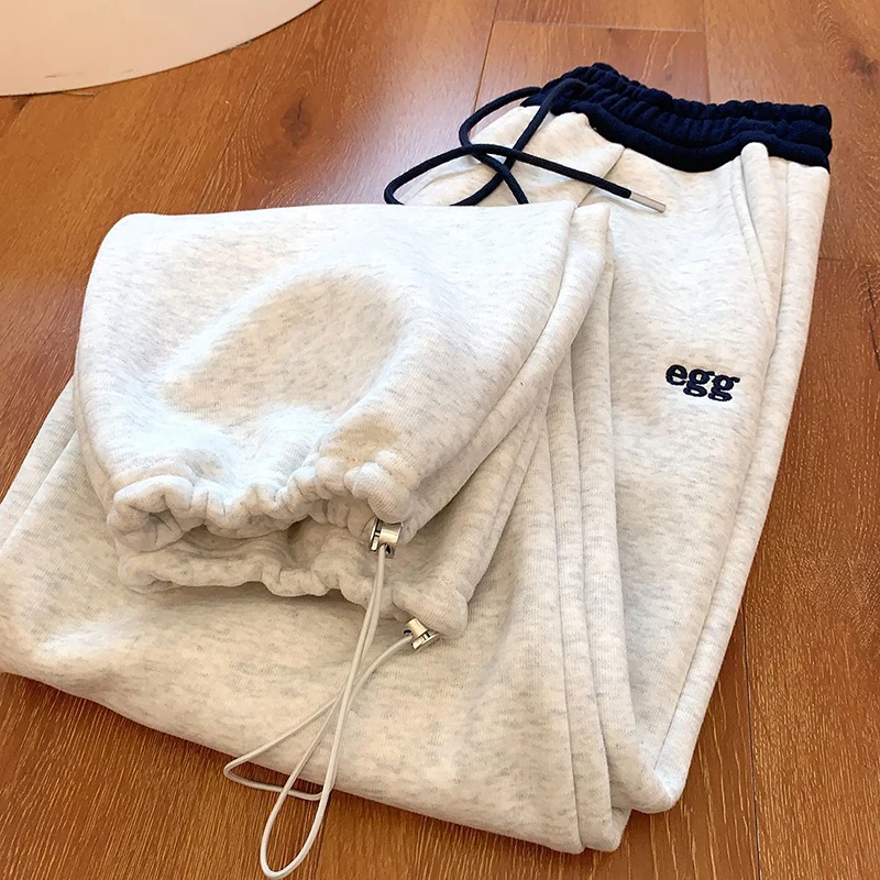 Pantalones de pierna ancha de retales gruesos de felpa Y2K, pantalones de chándal holgados con cordón de cintura alta, moda de invierno, ropa de calle cálida, Pantalones rectos