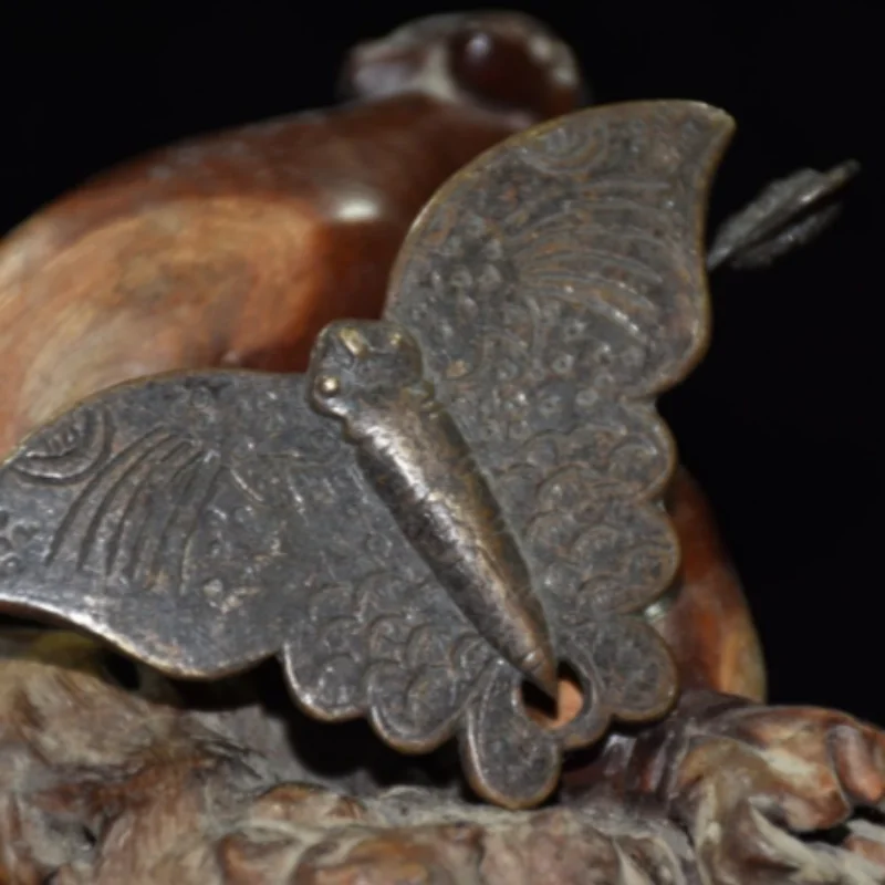 Vintage Chinese Old Style Brass Butterfly Lock & Key - Traditional Carved Furniture Hardware, Antiques Collection Craft