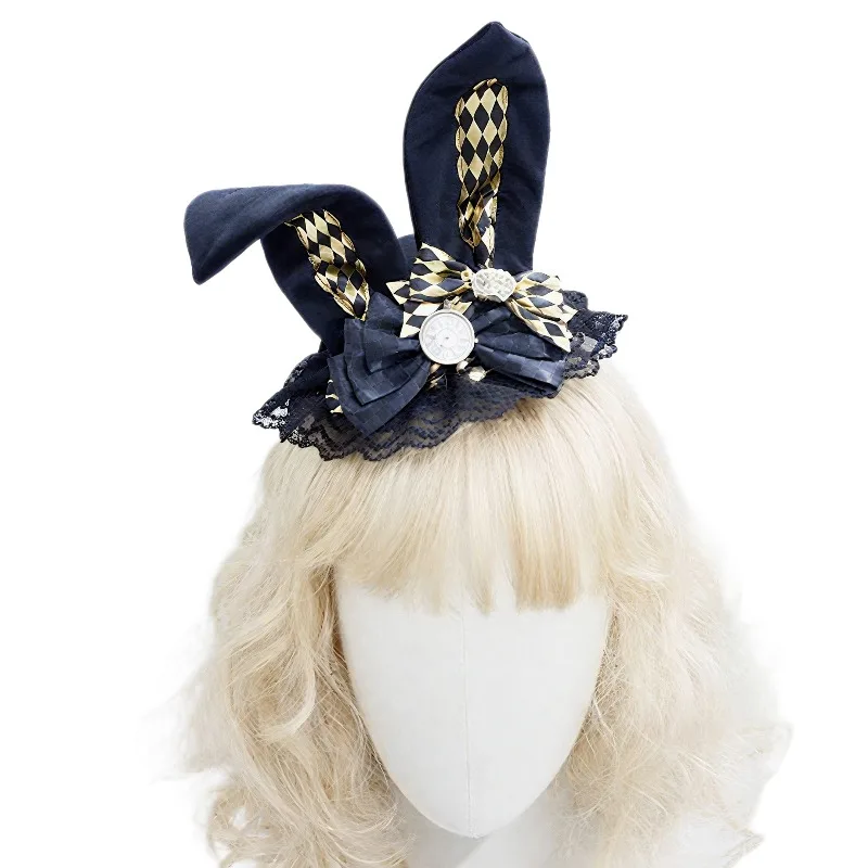 

Handmade Fascinators Lolita Hat with Rabbit Ears Lace Trim Women Girls Cocktail Tea Party Headpiece Hallown Party Dress Hats