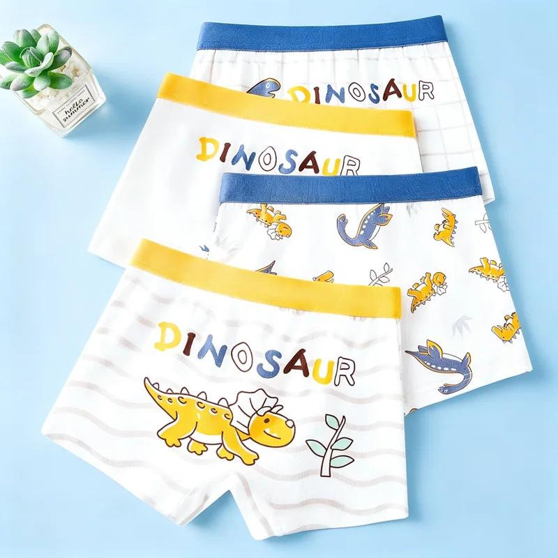 Boys Underwear Dinosaur Cotton Yellow Boxer Briefs 4 Pcs Soft Breathable Kids Clothes Children Underpants Panties For Boy 2-12Y