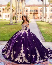 Royal Purple Velvet Quinceanera Dresses Off Shoulder 3D Floral Applique Lace-up Corset Sweet 15 vestido quinceañera adolescente