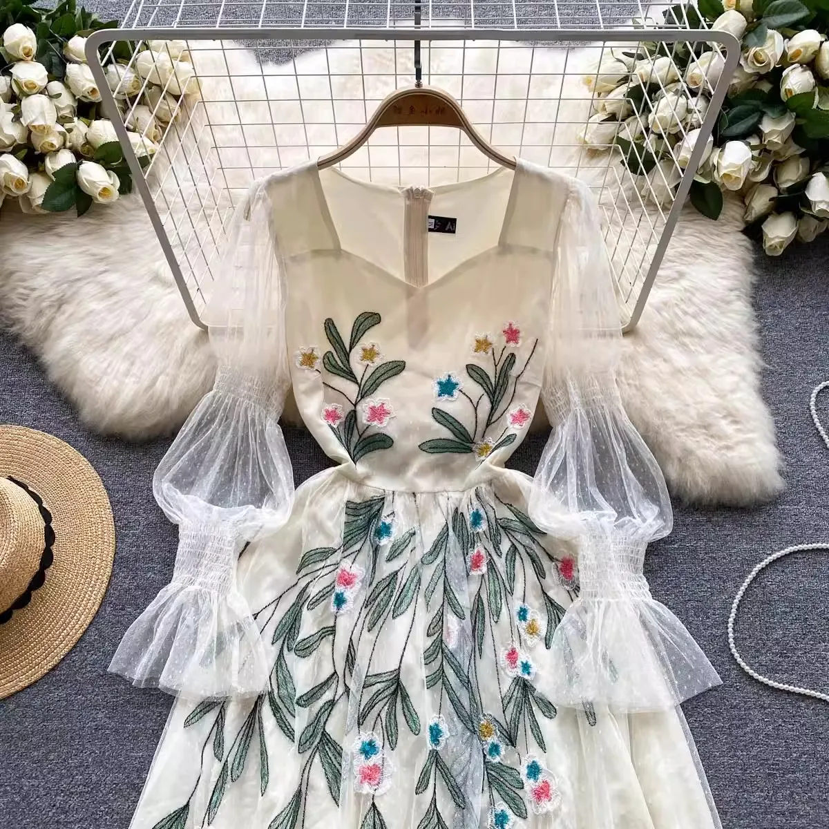 2023 Runway Design Spring Summer Mesh Dot Dress Elegant Women Square Collar Embroidery Flower Flare Sleeve Holiday Midi Vestidos