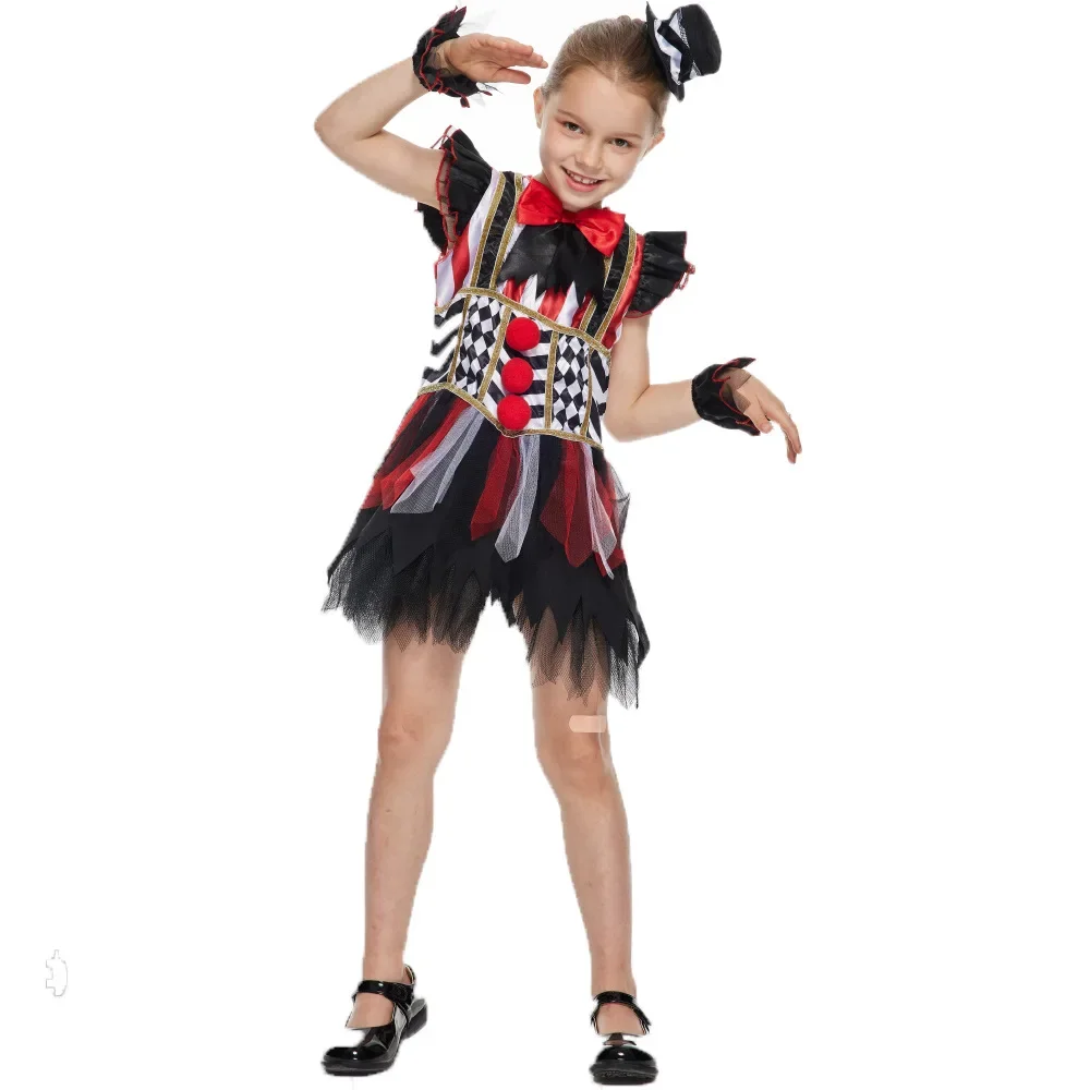 

Girl Halloween Costume Evil Clown Cosplay Anime Kids Stripy Dress Carnival Festival Stage Performance Wear Party Show Outfit