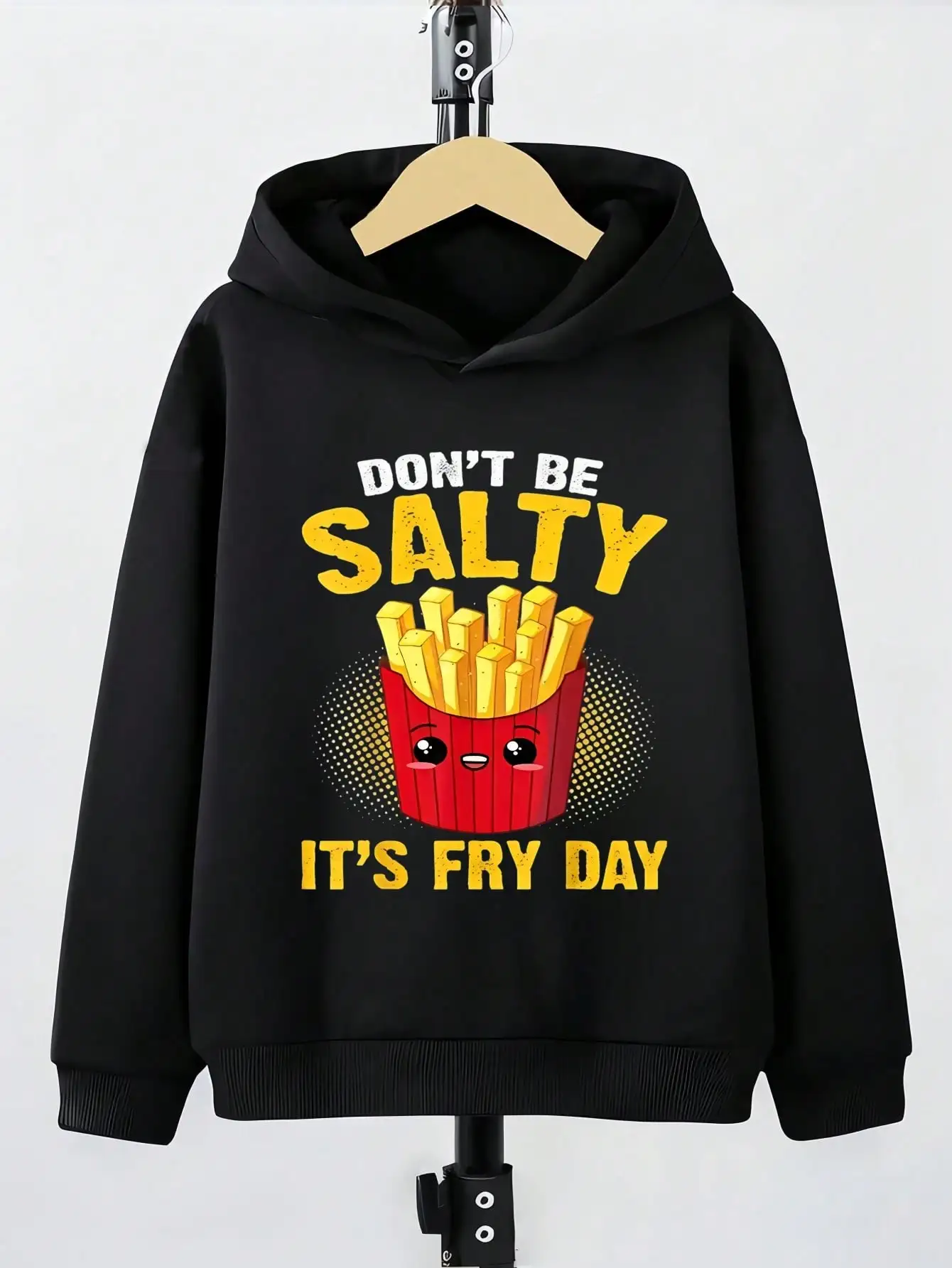 

Don't be salty, today's fried chicken day "is a gift for French fry enthusiasts. A casual printed hoodie suitable for children