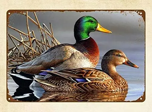 ZMKDLL Mallard Ducks Birds Animal Metal Tin Sign Man Cave Garage Shop Wall Decor 12x8 Inches