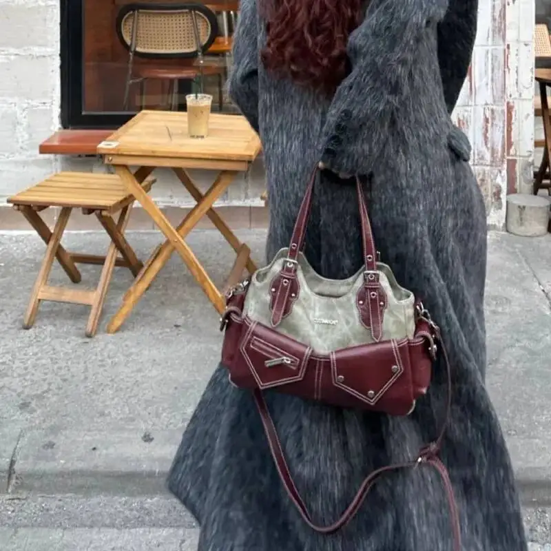 Bloom Vintage Casual Y2k Handbag Women High Street Patchwork Pocket Shoulder Ladies Retro Large Capacity Tote Bag Chic