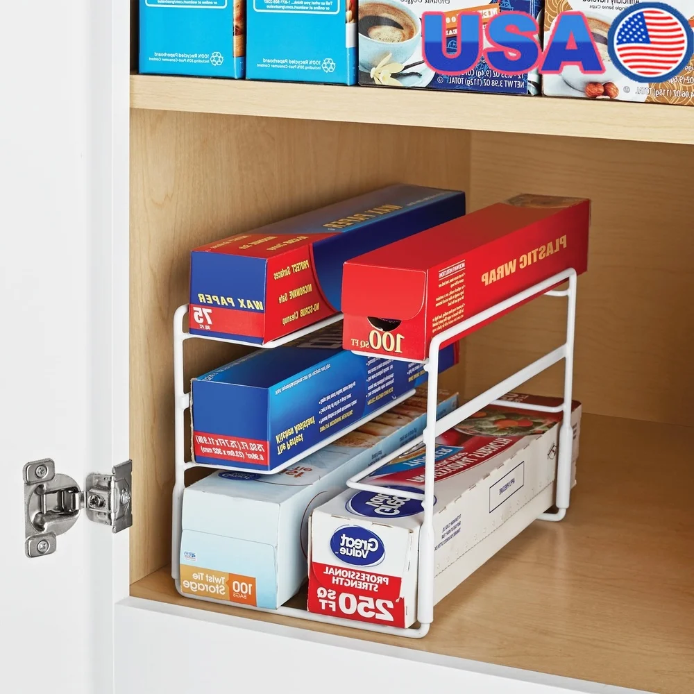 

3-Tier Metal Wire Rack Kitchen Organizer Plastic Wraps Aluminum Foil Wax Paper Freezer Bags Cabinet Storage Solution