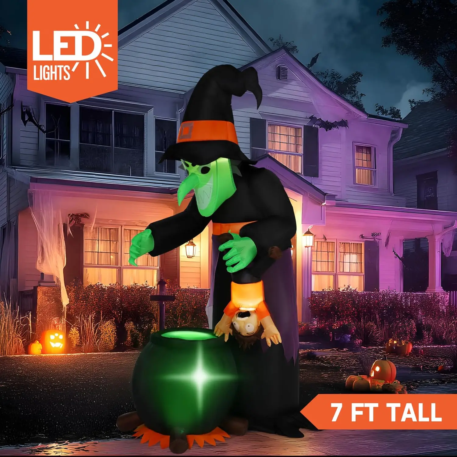 7FT Halloween Witch Animated Inflatable Decoration Witch Swinging Child Over Cauldron Inflatable Decoration Built in LED Giant H