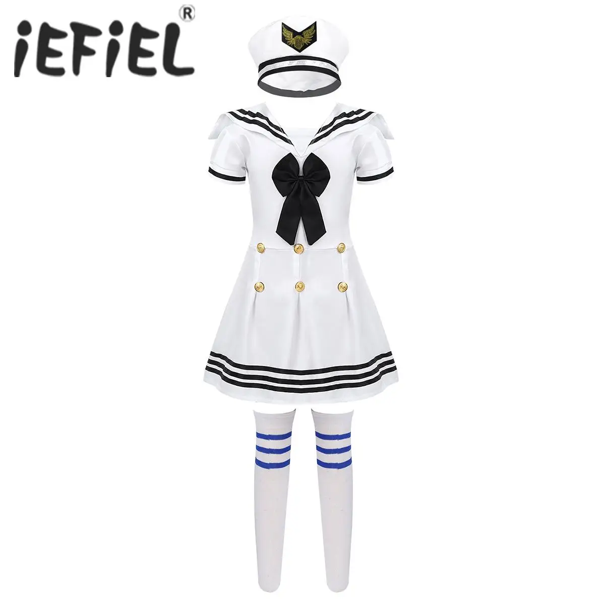 iEFiEL Kids Girls Sailor Uniform Cosplay Costume School Chorus Novelty Party Performance Dance Wear Dress with Hat Socks Set