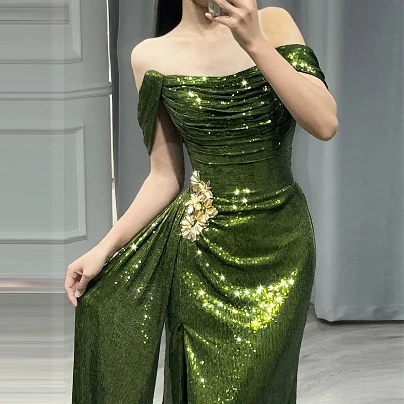 

Luxury Off The Shoulder Green Sequins Mermaid Evening Dress Sexy Strapless Glitter High Slit Prom Formal Gowns Vestidos De Noche