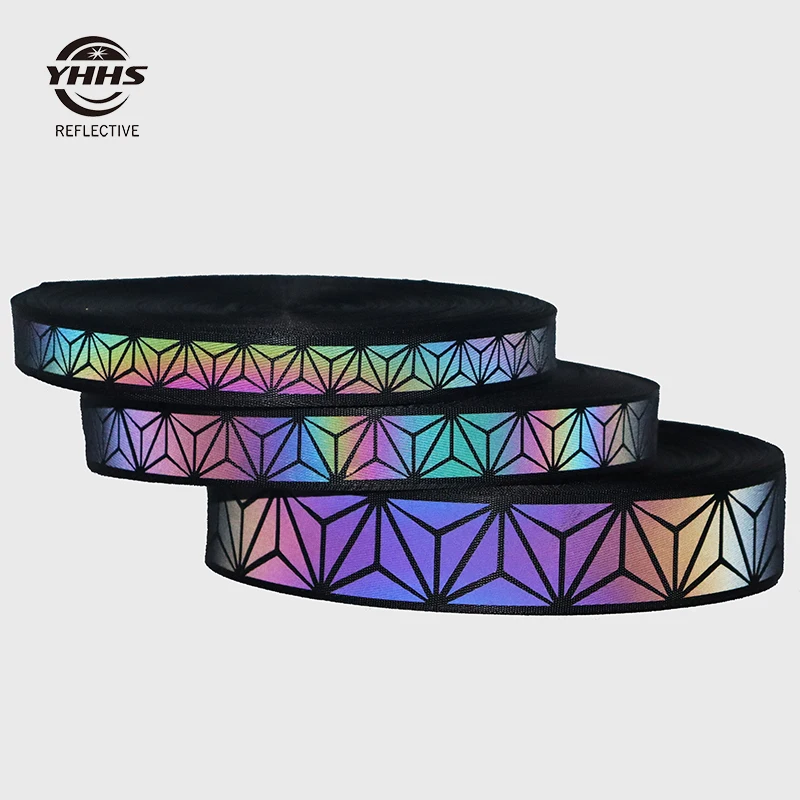 High Visibility Nylon Geometric Pattern Tape Rainbow Reflective Webbing Sewing on Clothes