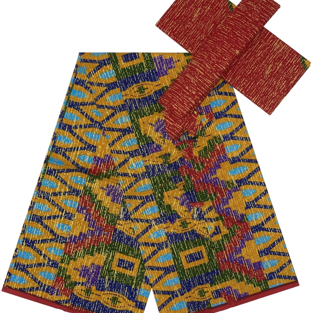 Tela de cera Africana dorada de último diseño, Material 2024 algodón, impresiones de Ankara nigerianas, cera con turbante de 2 yardas, T4, 100%