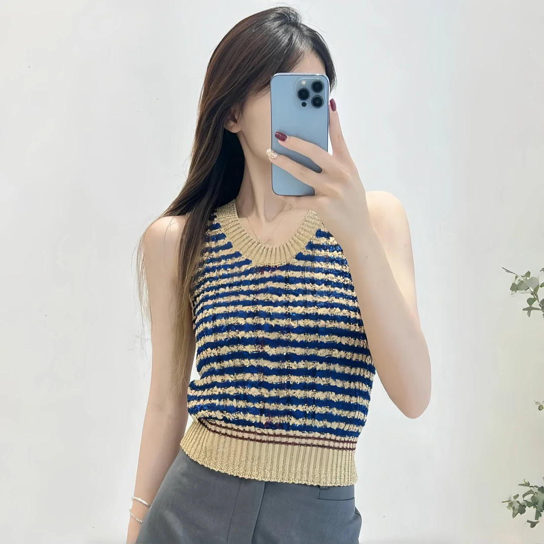 

NIGO Women's Summer U-neck Color Needle Knitted Sleeveless Striped Vest Fashionable And Casual Top Ngvp #nigo8612