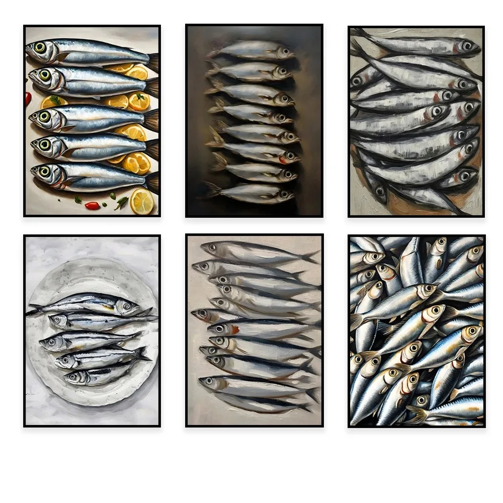 Sardine Art Silver Striped Fish Print Canvas Still Life Sardine Canvas Painting - French Kitchen And Bedroom Decoration