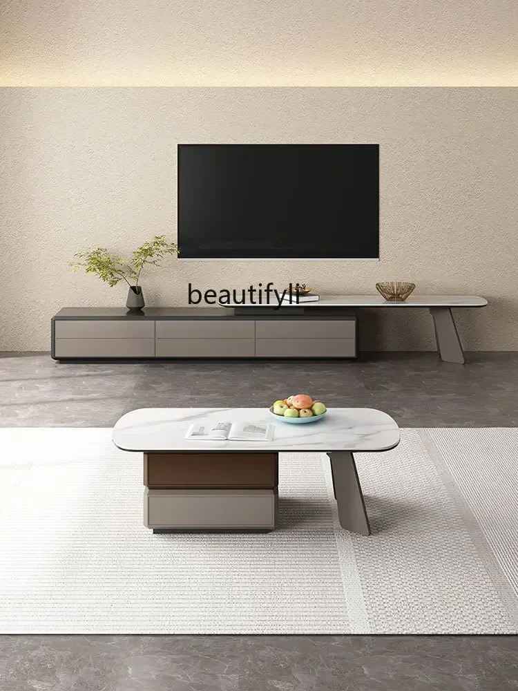 

Italian Minimalist Square Rotating Coffee Table Stone Plate Retractable Floor Cabinet Living Room Home Small Apartment