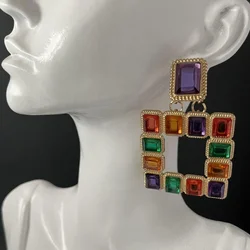 Exaggerated Retro Colored Square Gemstone Earrings Exaggerated Contrasting Colors Exquisite and Luxurious Accessories for Women