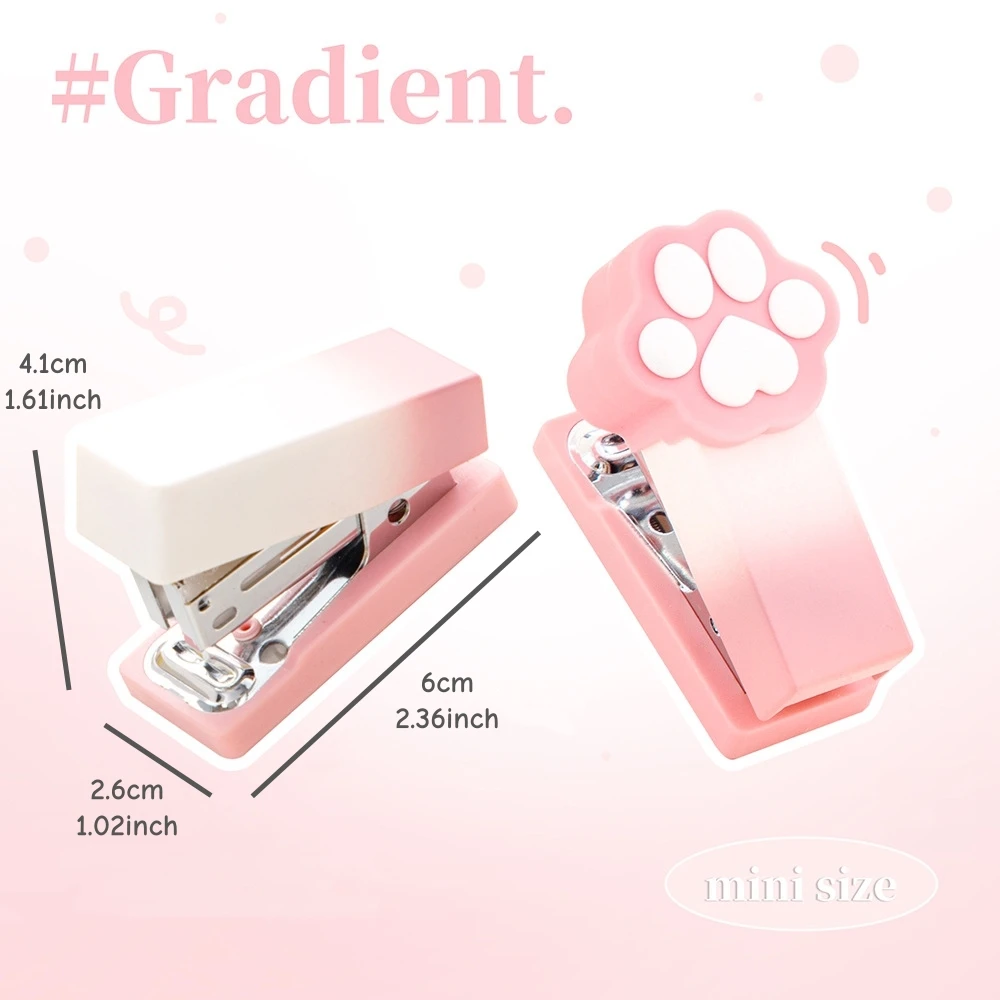 1 Set of Gradient Cat Paw Mini Stapler + 400pcs Staples Labor-saving Cartoon Kitty Metal Bound 24/6 Staples Standard A7973