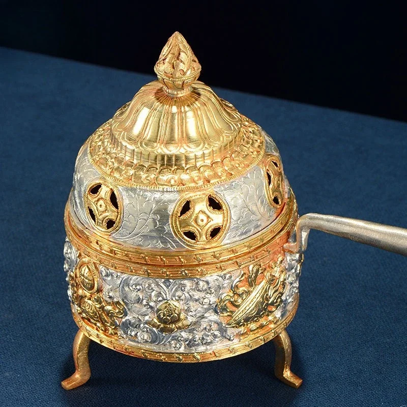Handmade gilt silver handheld plate incense burner indoor household aromatherapy burner ornament
