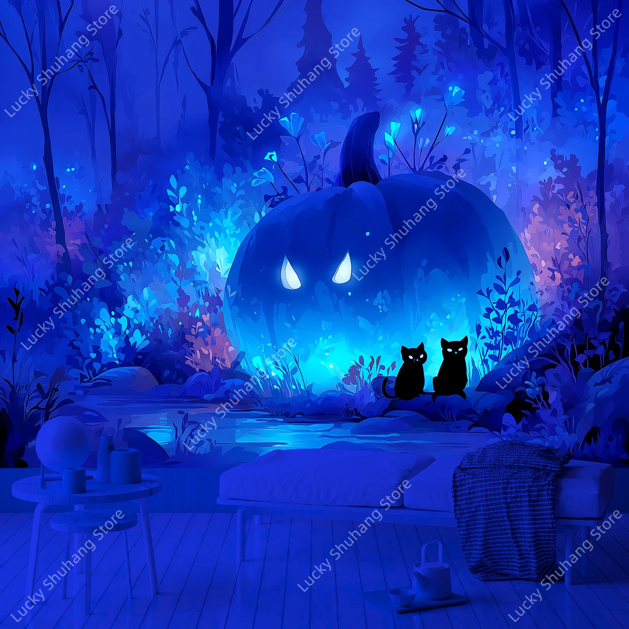 Mystical Glowing Pumpkin Skull UV Tapestry with Black Cats in Enchanted Forest Halloween Gothic Wall Hanging for Bedroom Decor