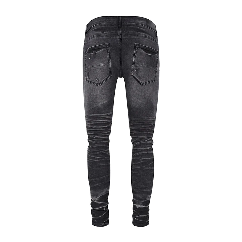 Y2KStreet Fashion New Men's Black Grey Jeans Washed Nostalgic Perforated Green Leather Patch Jeans Designer Hip Hop Brand Pant