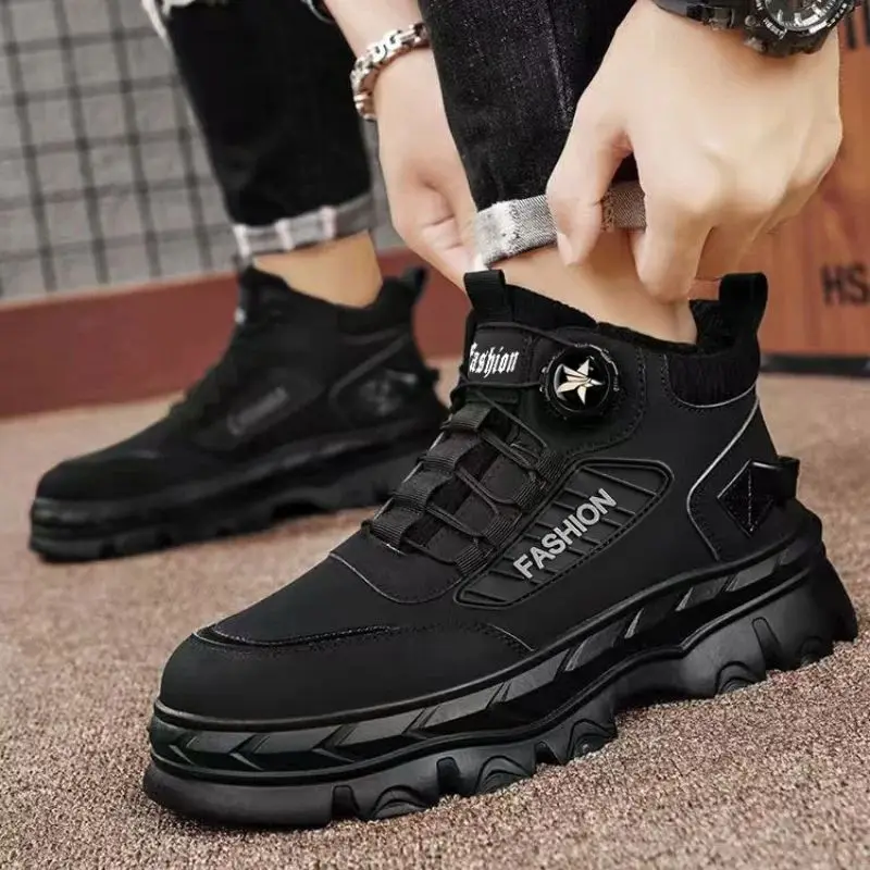 Men's Winter Fleece Warm Thickened Rotating Button Waterproof Anti-Slip Thick-Sole Sports Snow Cotton Shoes