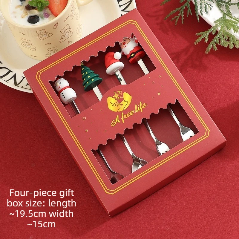 Christmas Doll Stainless Steel Coffee Stir Spoon ForkGift SetNew Year's Fruit Spoon Fork Cubiertos DeAcero Inoxidable CutlerySet