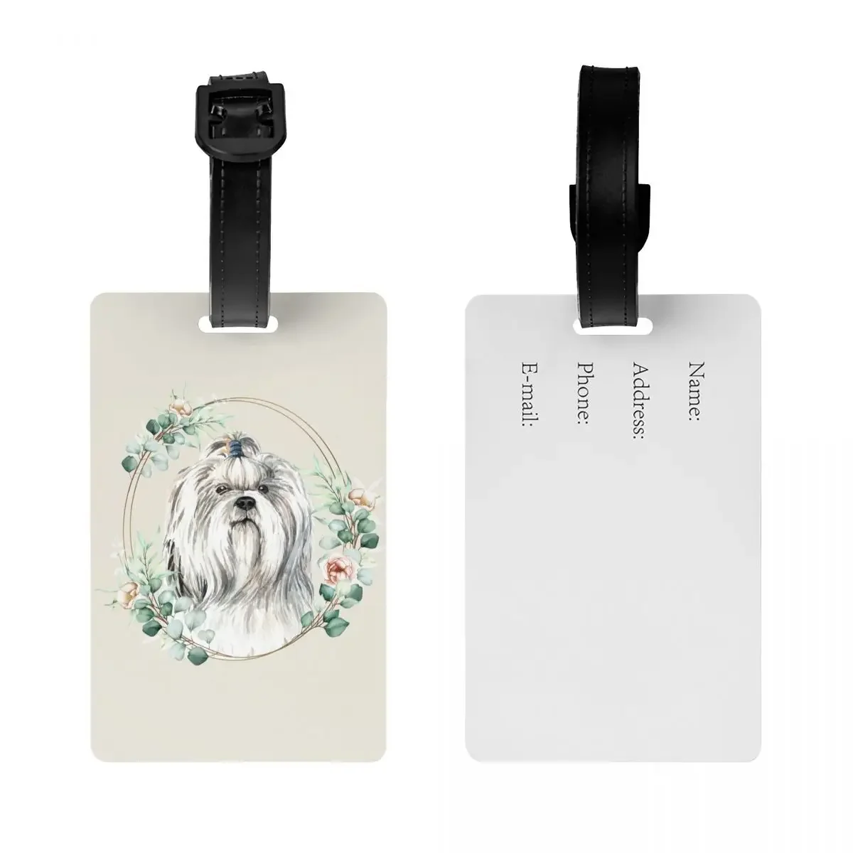 Custom Shih Tzu Dog In Floral Gold Wreath Luggage Tag With Name Card Pet Lover Privacy Cover ID Label for Travel Bag Suitcase