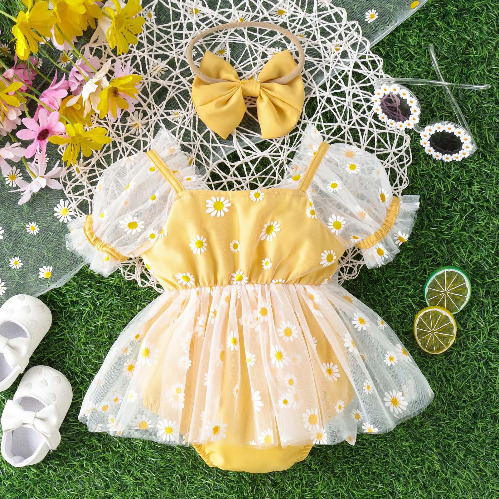 6 9 18M Newborn Infant Baby Girls Romper Short Puff Sleeve Daisy Print Tulle Jumpsuit +Headband Princess Outfits Toddler Clothes