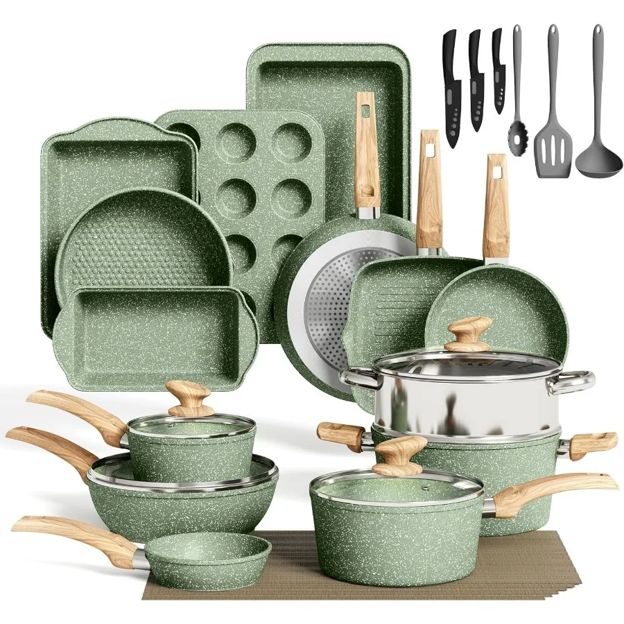

30Piece NonStick Kitchen Cookware and Bakeware Set with Granite Coating for Efficient Cooking and Baking Durable and HeatResist