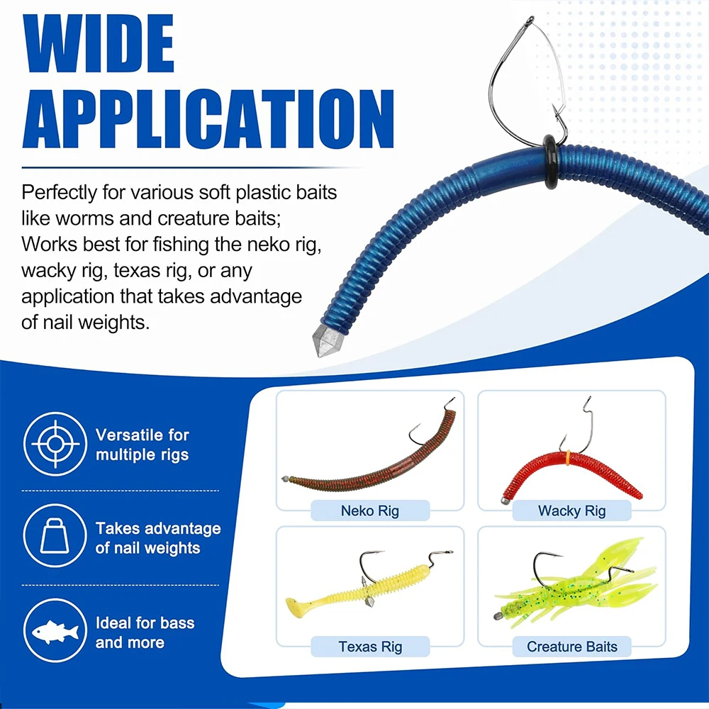 50Pcs Fishing Nail Weights Kit Wacky Worm Weights Insert Nail Sinkers for Soft Plastic Lures Wacky Rig and Neko Rig Bass Fishing view 6