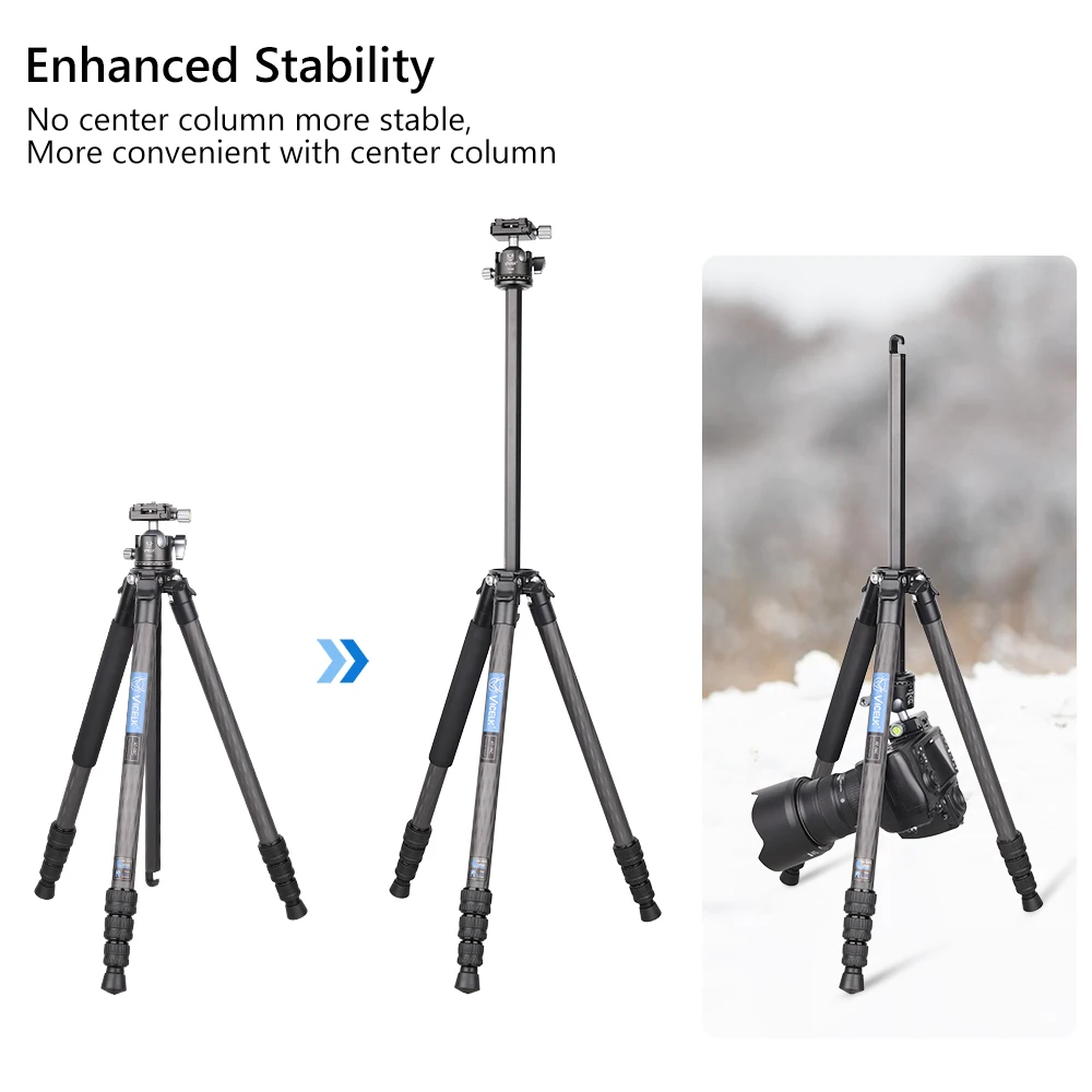 VICELK AT-06C Compact Carbon Fiber Tripod,25.5mm Tube Professional Travel Tripod Monopod for DSLR Camera Max Load 33lbs/15kg