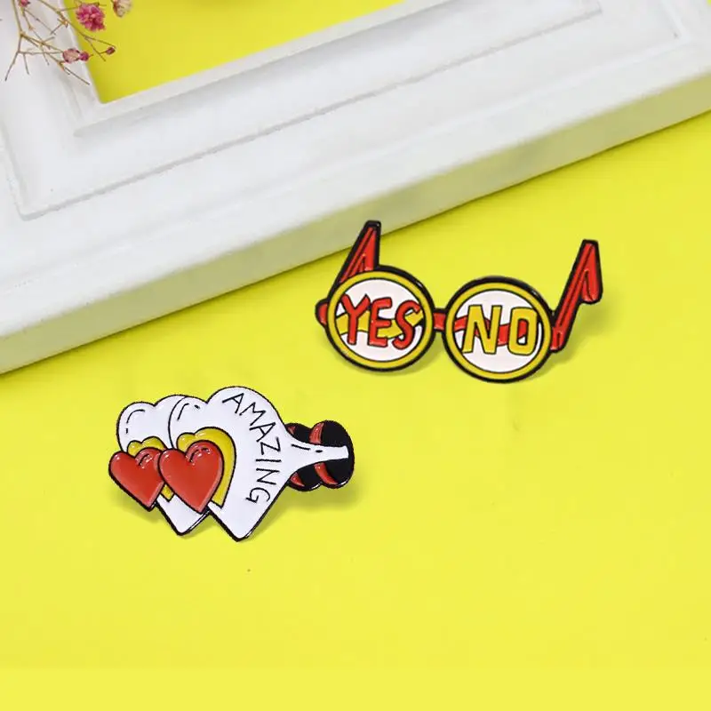 Eye Glasses Brooches YES,NO,AMAZING Rainbow Sunglasses Loving eye Enamel Pin Lapel For Women Badge Jewelry Cartoon Love Heart