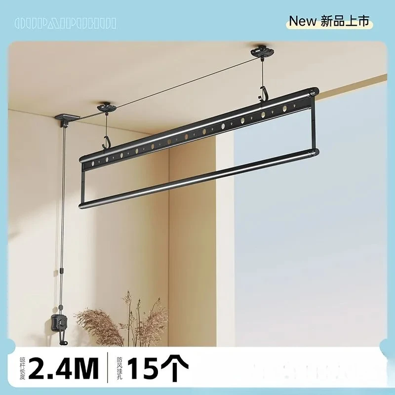 Hand drying lifting hanger balcony household clothes drying rod single pole small apartment folding lifting clothes artifact